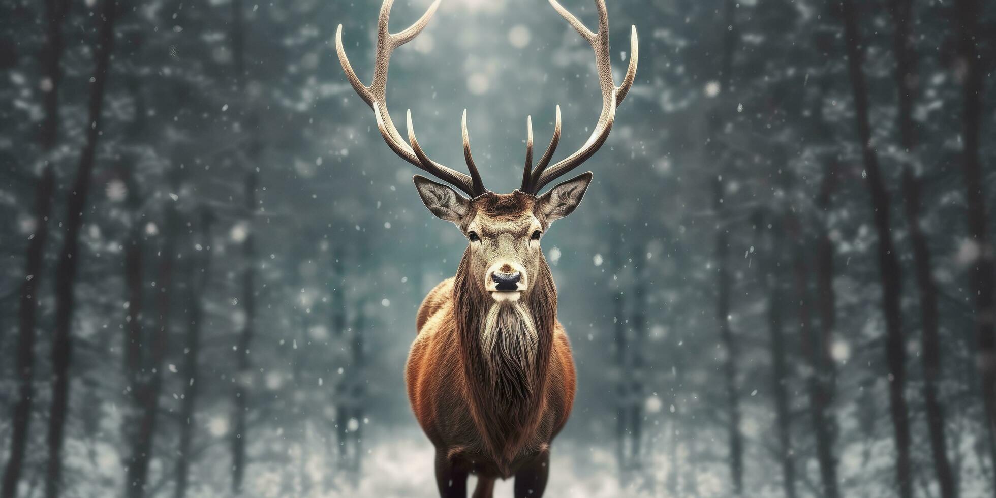 Noble deer male in the winter snow forest. Artistic winter Christmas landscape. AI Generated photo
