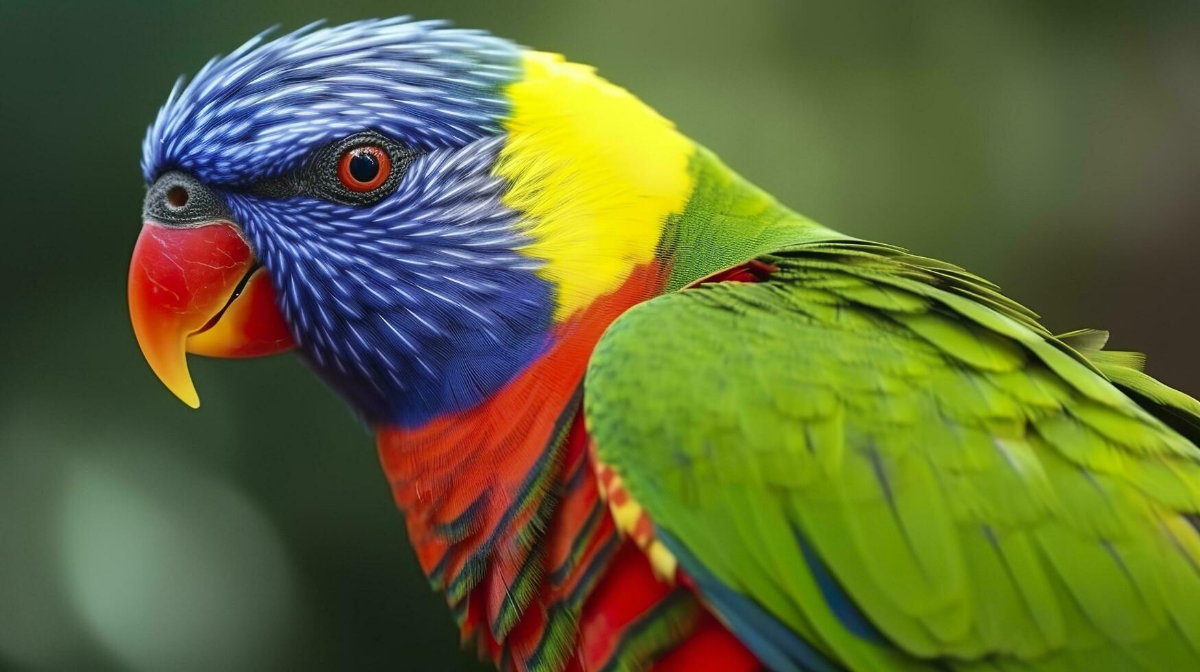 Side view Closeup of beautiful and colorful Lorikeet Green naped bird. Generative AI photo