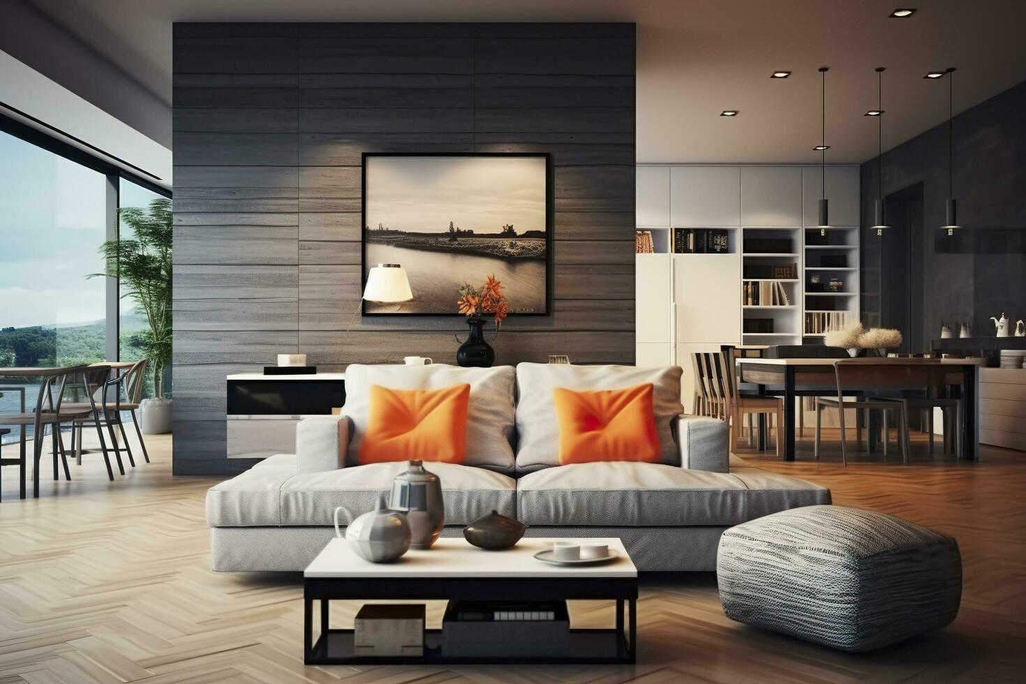 Modern living room with sofa and furniture. AI Generated photo