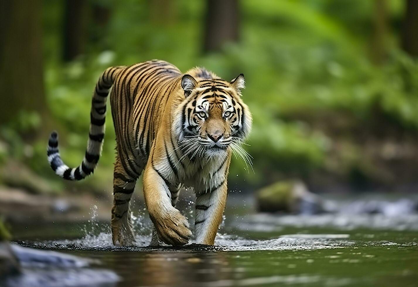 Amur tiger walking in the water. Dangerous animal.  Animal in a green forest stream. Generative AI photo