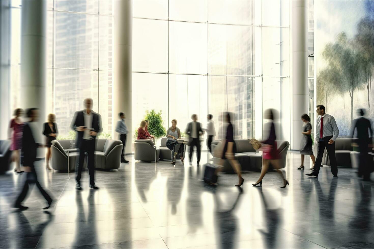 Group of people in the lobby. Business center. AI Generated photo