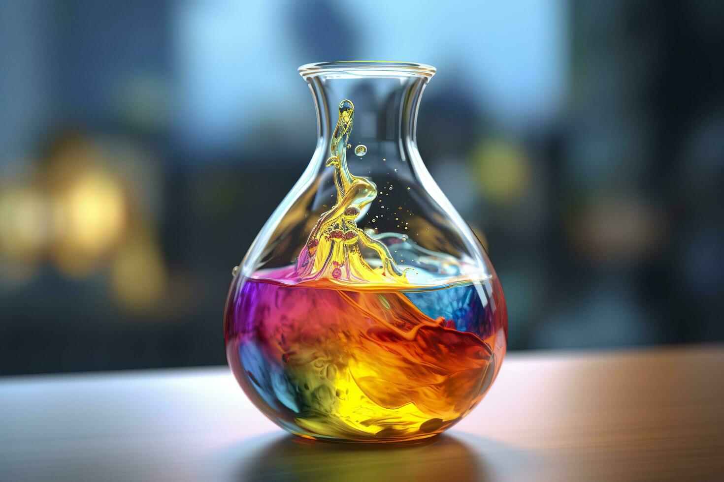 Close Up of a Science Beaker Filled with Multi Colored Liquids. AI Generative photo