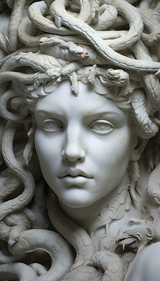 Portrait of cyborg medusa close up carved in marble. AI Generated photo