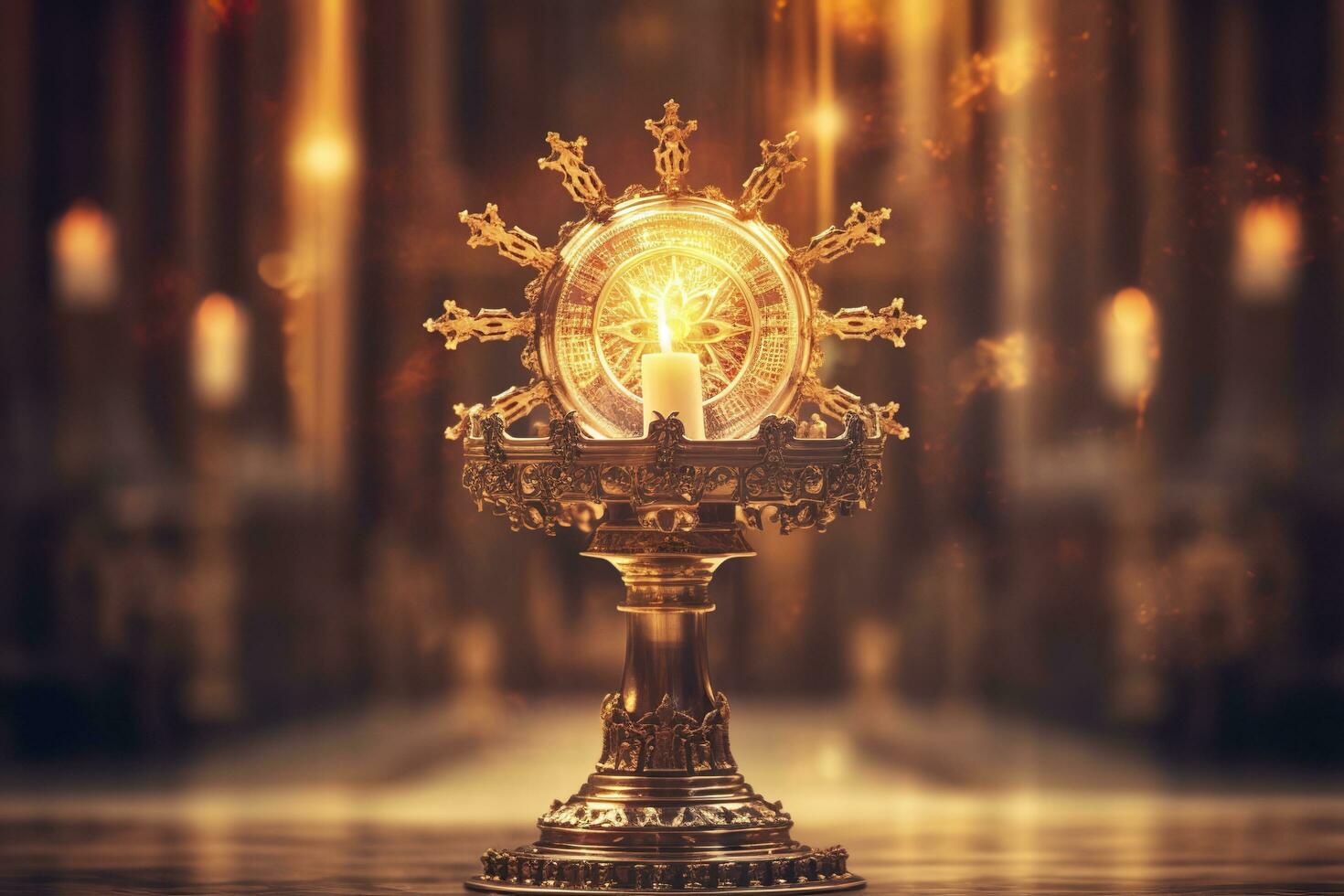 The golden monstrance with a little transparent crystal center, consecrated host. church defocused background. AI Generative photo