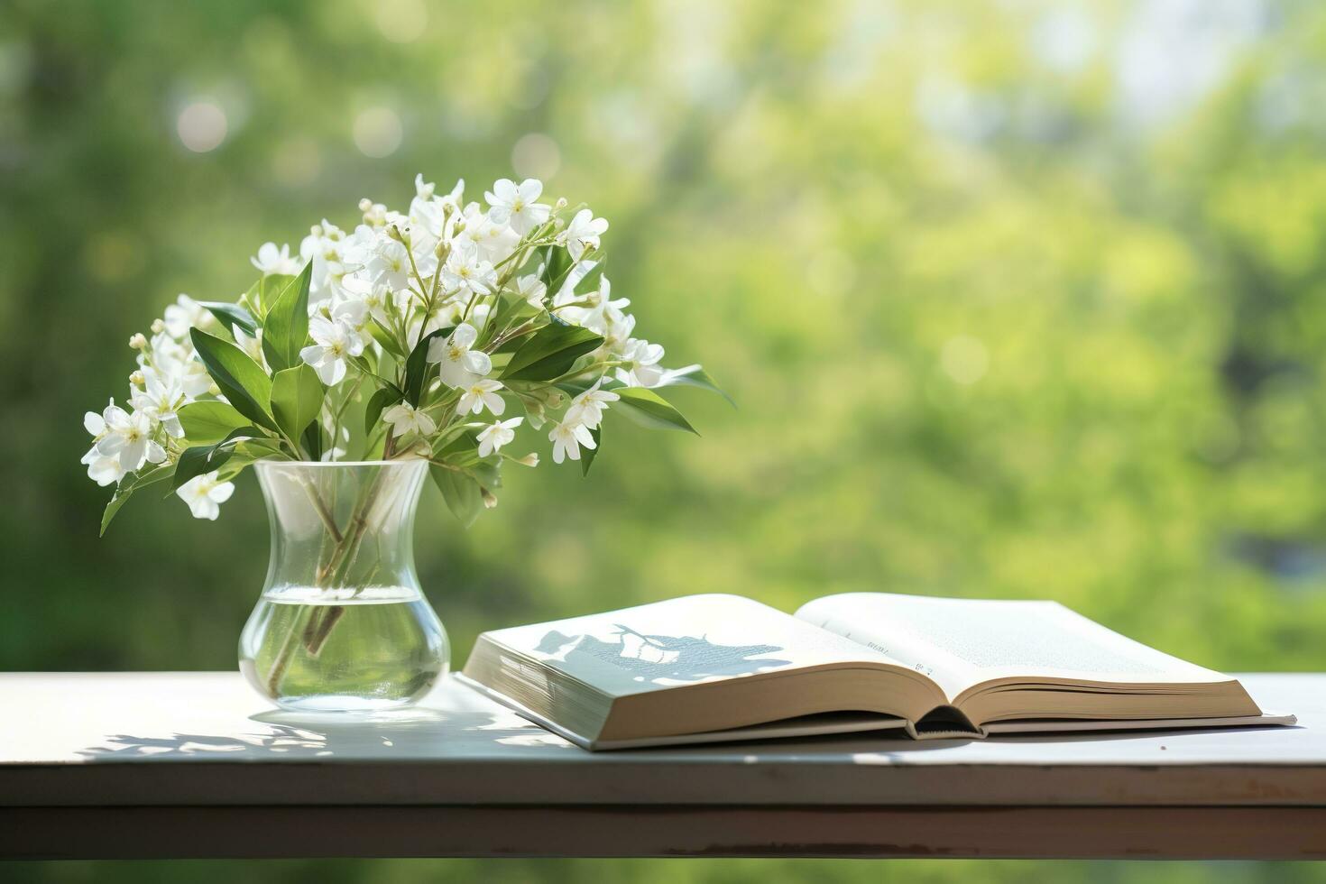 jazmín flores en un florero y abierto libro en el mesa, verde natural antecedentes. ai generado foto