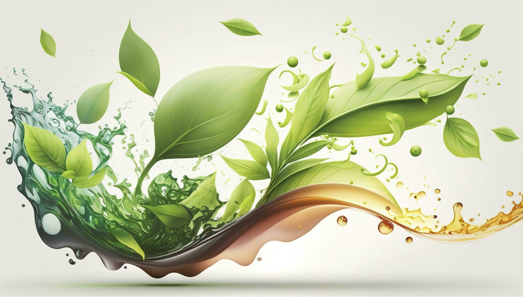 Green herbal tea wave splash with leaves flow. AI Generated photo