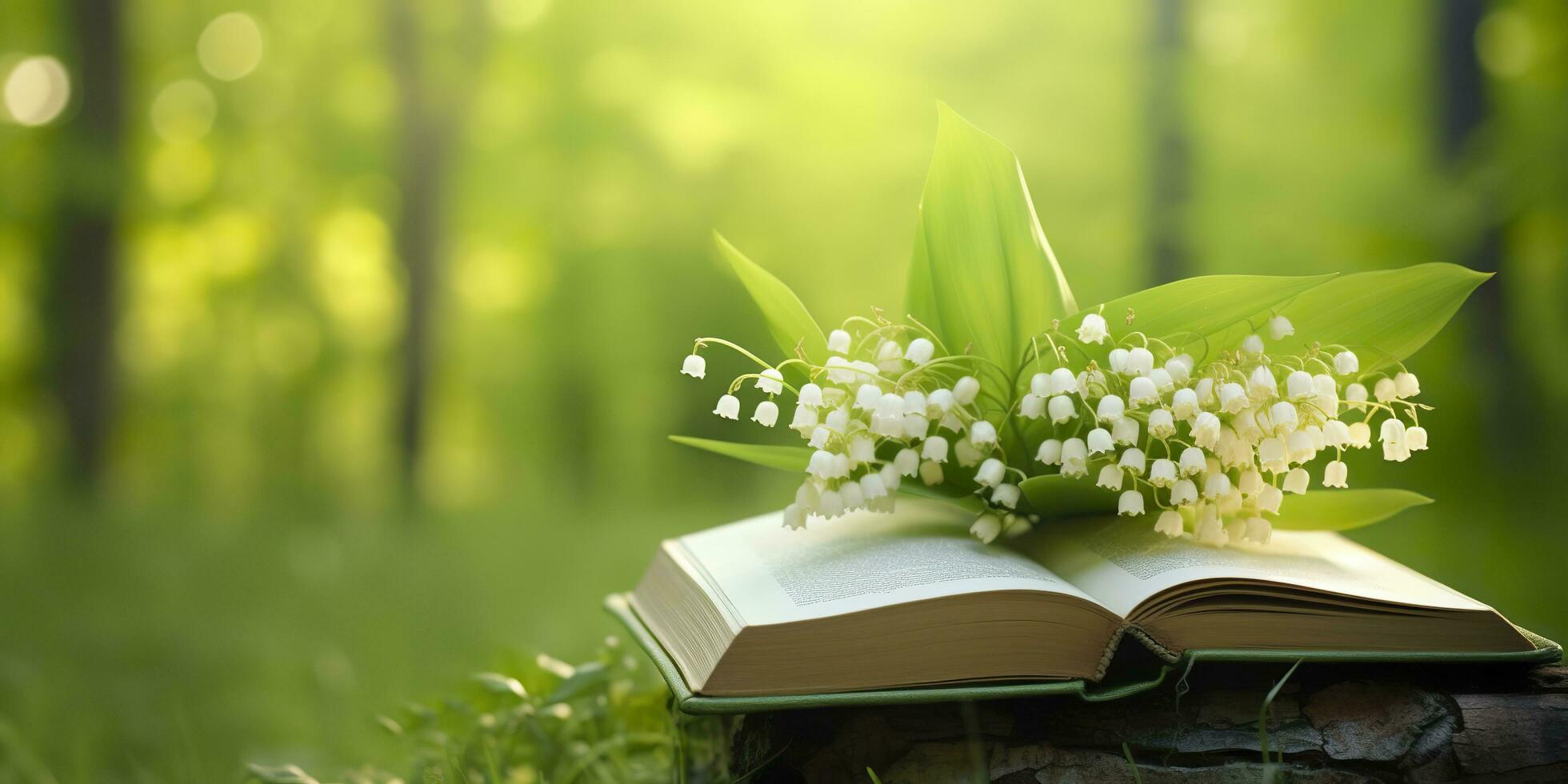 Lily of the Valley flowers and old books in the forest, green natural background. AI Generated photo