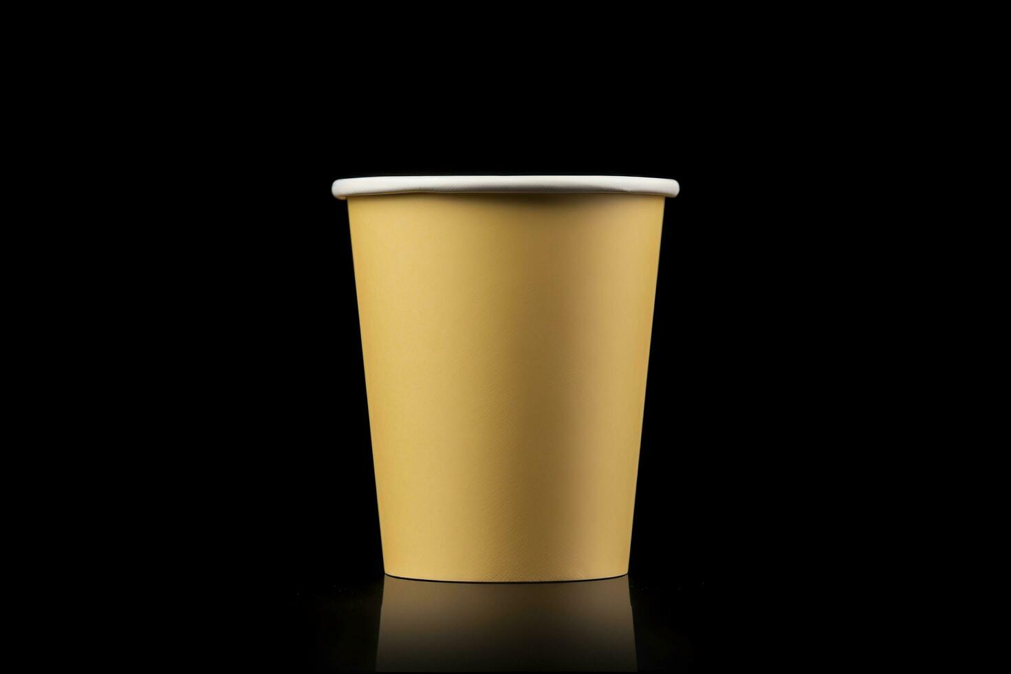 Side view yellow empty disposable paper fast food cup isolated on black background. Generative AI photo