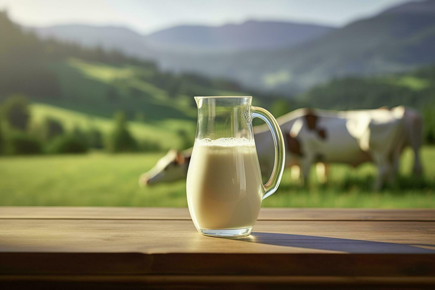 Glass pitcher with fresh milk on a wooden table. AI Generated photo