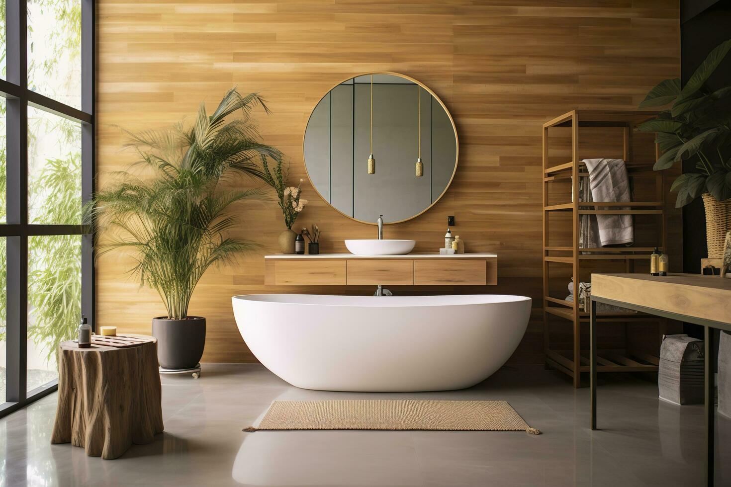 Interior of stylish bathroom with wooden cabinet, sink, bathtub, and mirror. AI Generated photo