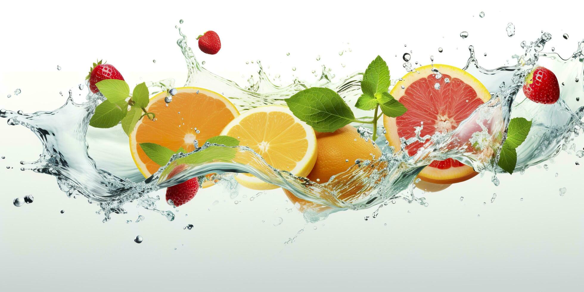 Swirl water splash with fruits. liquid flow with ice cubes and a mix of fresh fruits. Generative AI photo