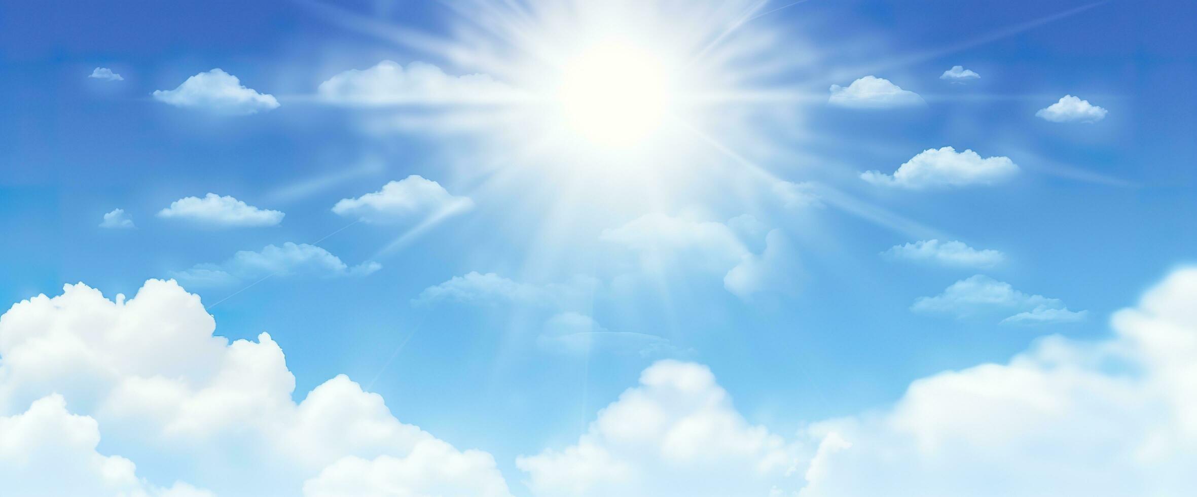 Sunny background, blue sky with white clouds and sun. Generative AI photo