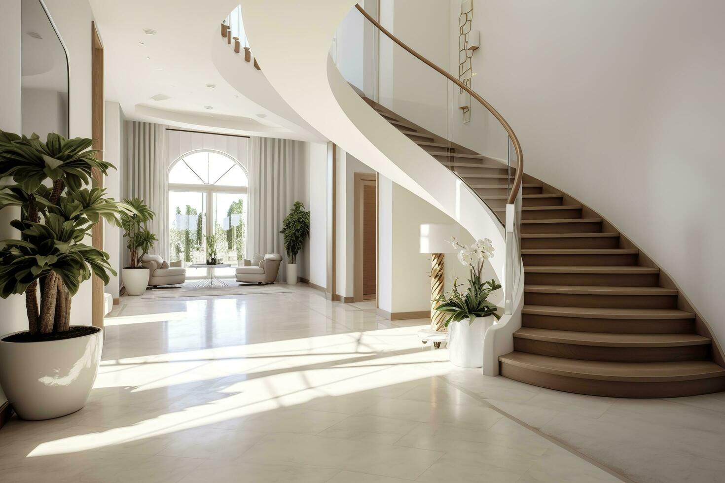 The interior design of the modern entrance hall with a staircase in the villa. AI Generated photo