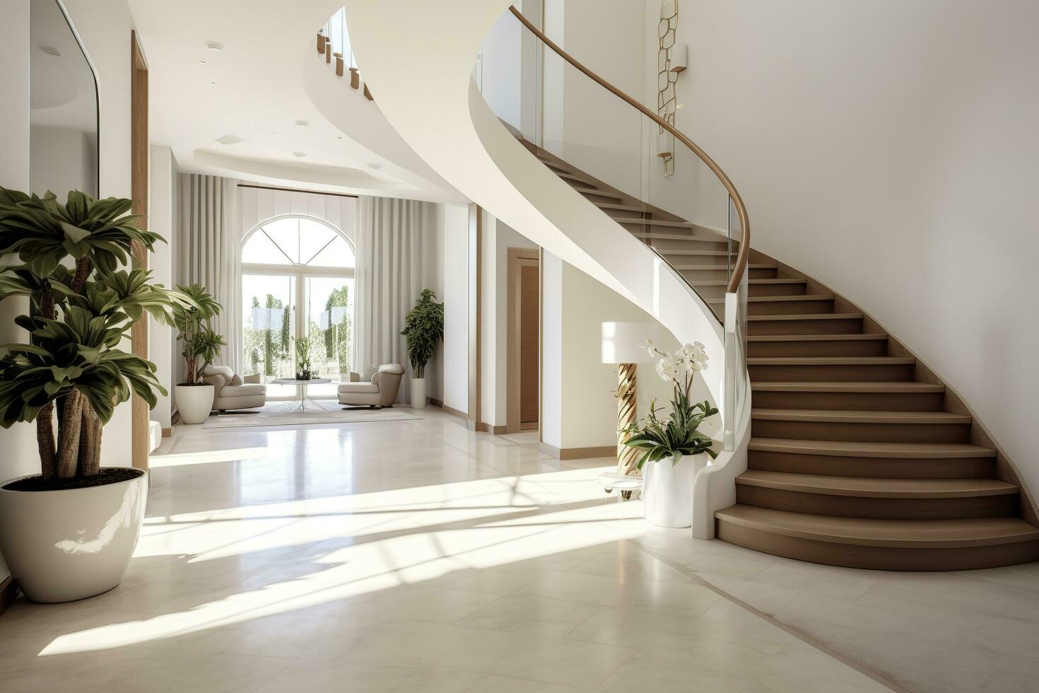 el interior diseño de el moderno Entrada salón con un escalera en el villa. ai generado foto