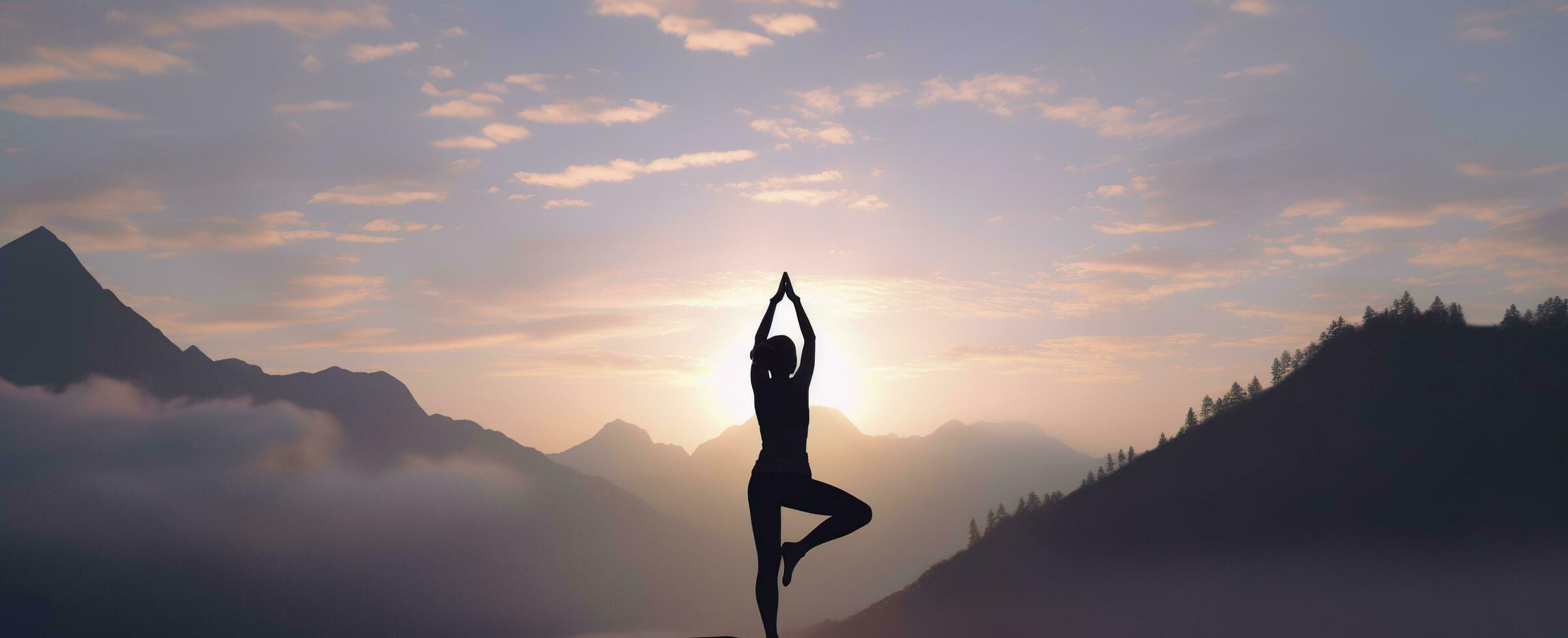 silhouette of a woman practicing yoga in the summit with mountain Background. AI Generated photo
