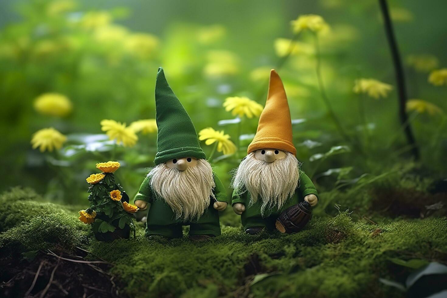 Toy Irish gnomes in a mystery forest, abstract green natural background. Generative AI photo