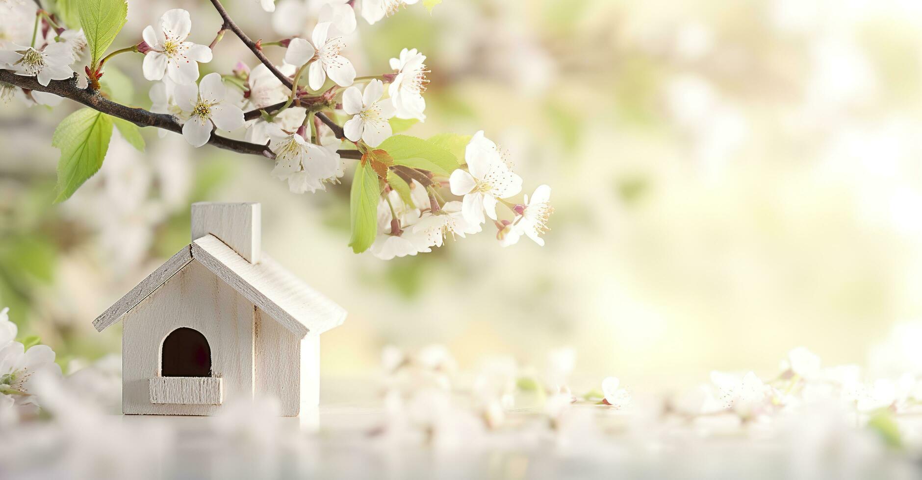 Toy house and cherry flowers, spring abstract natural background. Generative AI photo