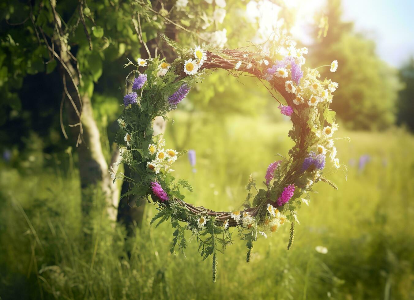 Rustic wildflowers wreath on a sunny meadow. Summer Solstice Day, Midsummer concept. Generative AI photo