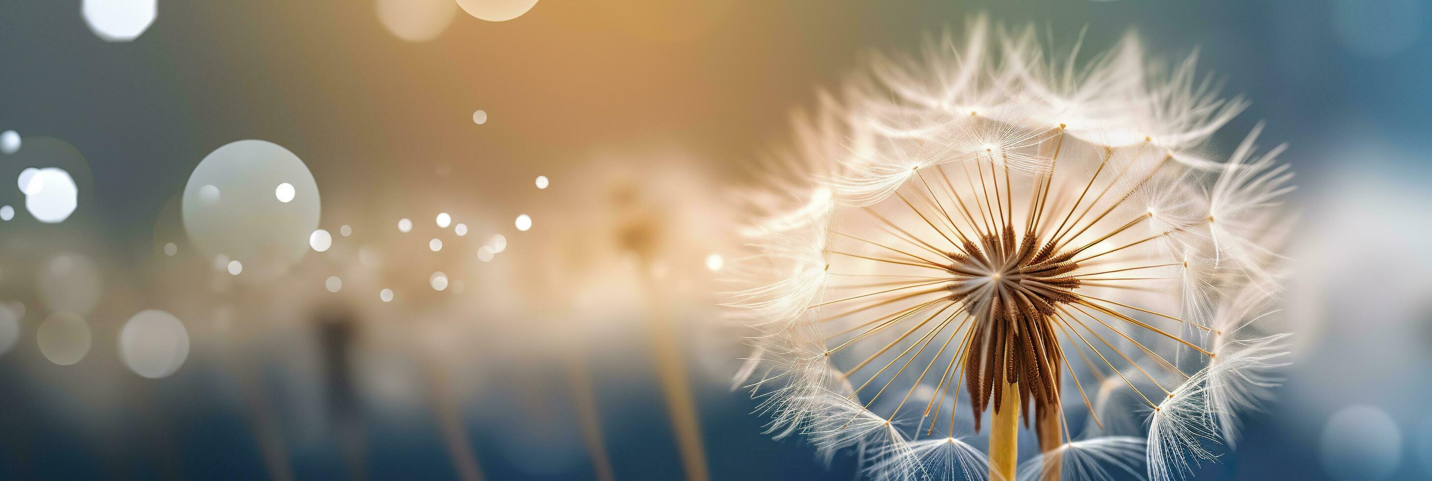 Abstract blurred nature background dandelion seeds parachute. Bokeh pattern. Generative AI photo