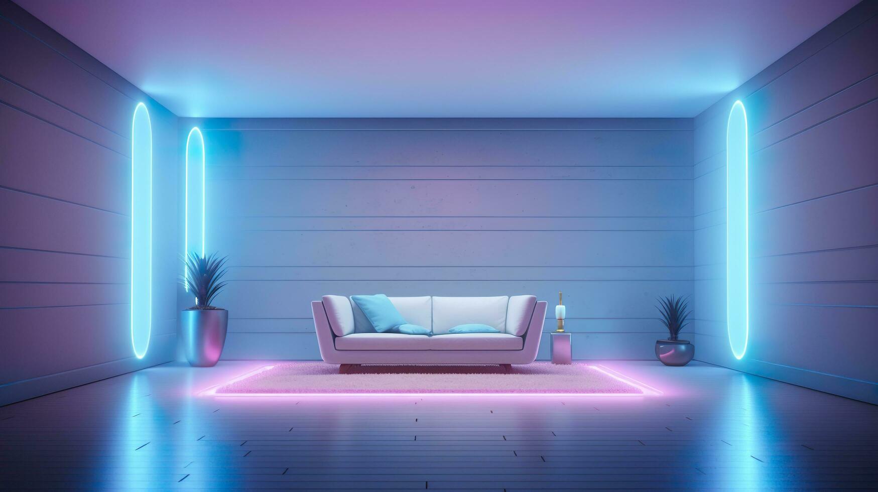 Empty Wall in a Futuristic Sci Fi Living Room with Light Yellow, Light Cyan, and Light Blue Neon. AI Generative photo