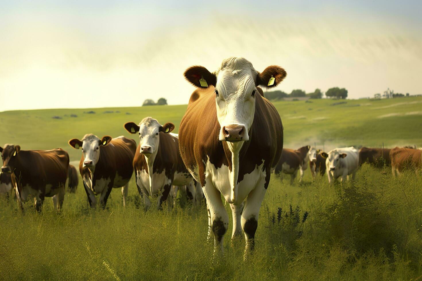 Group of cows standing in a grassy field. AI Generated photo