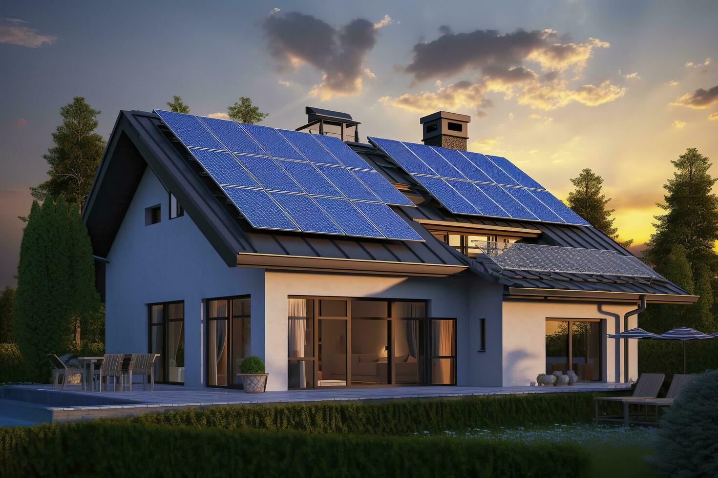 Modern house with blue solar panels on the roof. End of the day, sunset. AI Generated photo