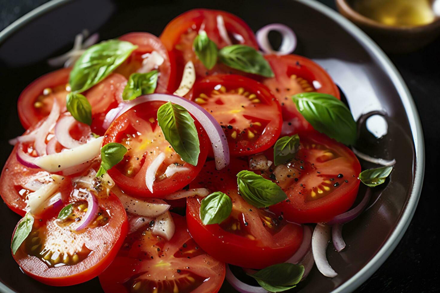 Healthy tomato salad with onion basil olive oil and balsamic vinegar. AI Generated photo