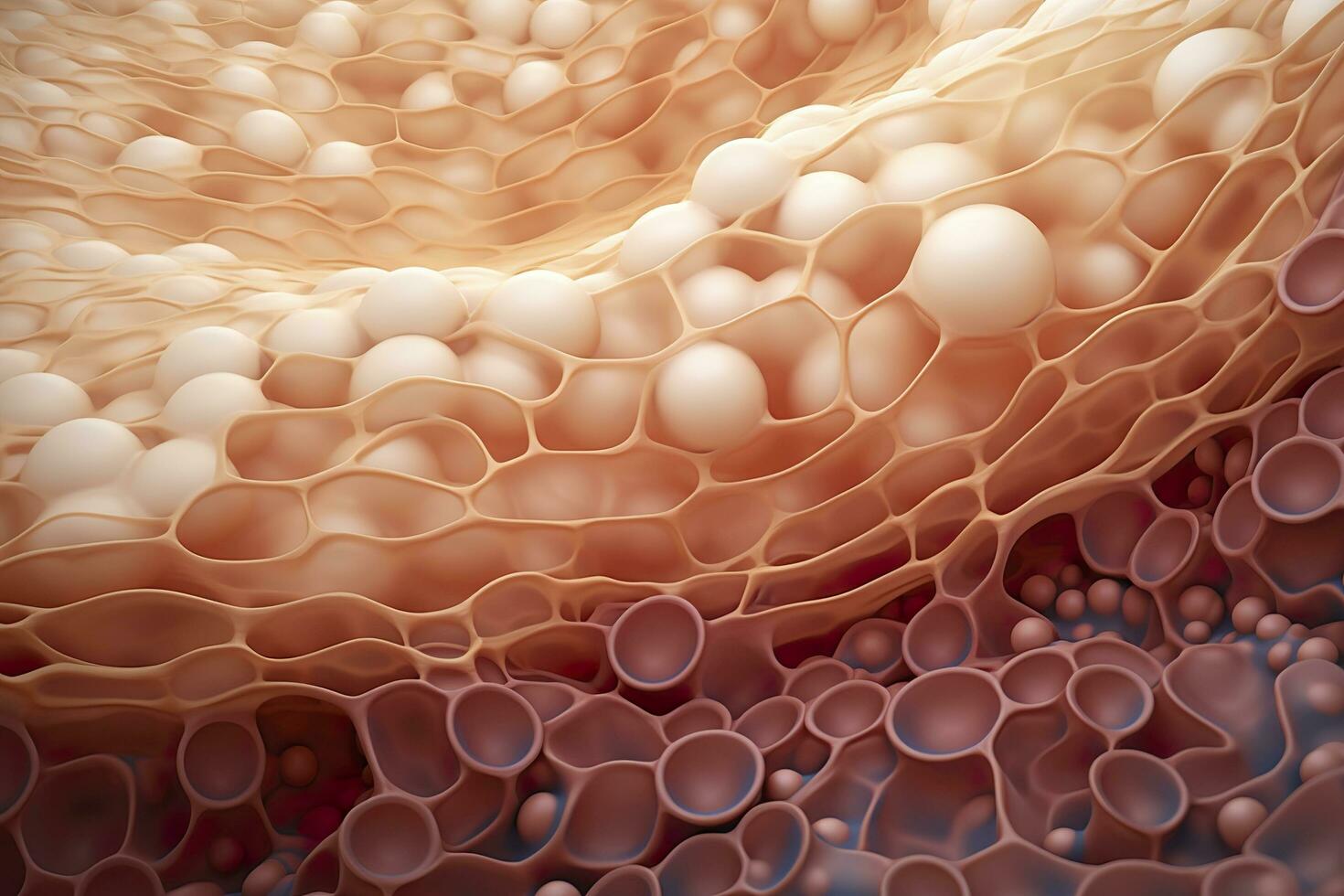 Saggy skin layer and skin cells, 3D rendering. Generative AI photo