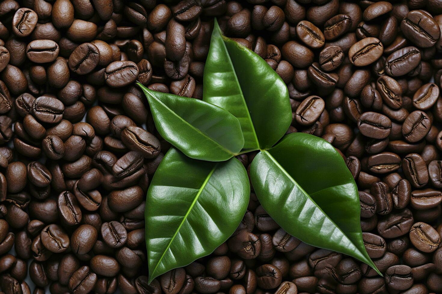 Green leaves with coffee beans as background. AI Generated photo