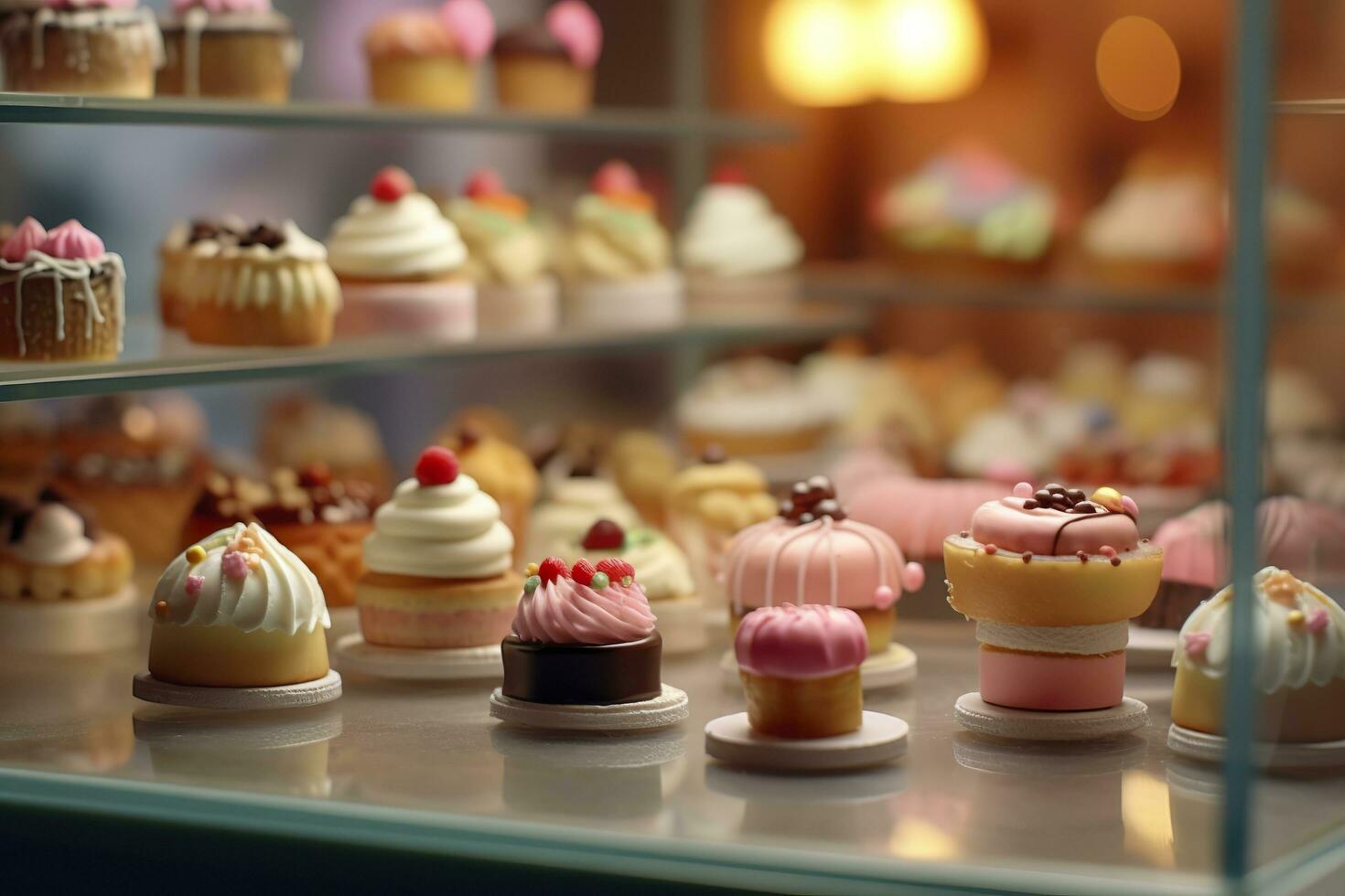 un gusto de dulzura. un popular mercado caja ciega pastel tienda con un limpiar antecedentes. ai generativo foto