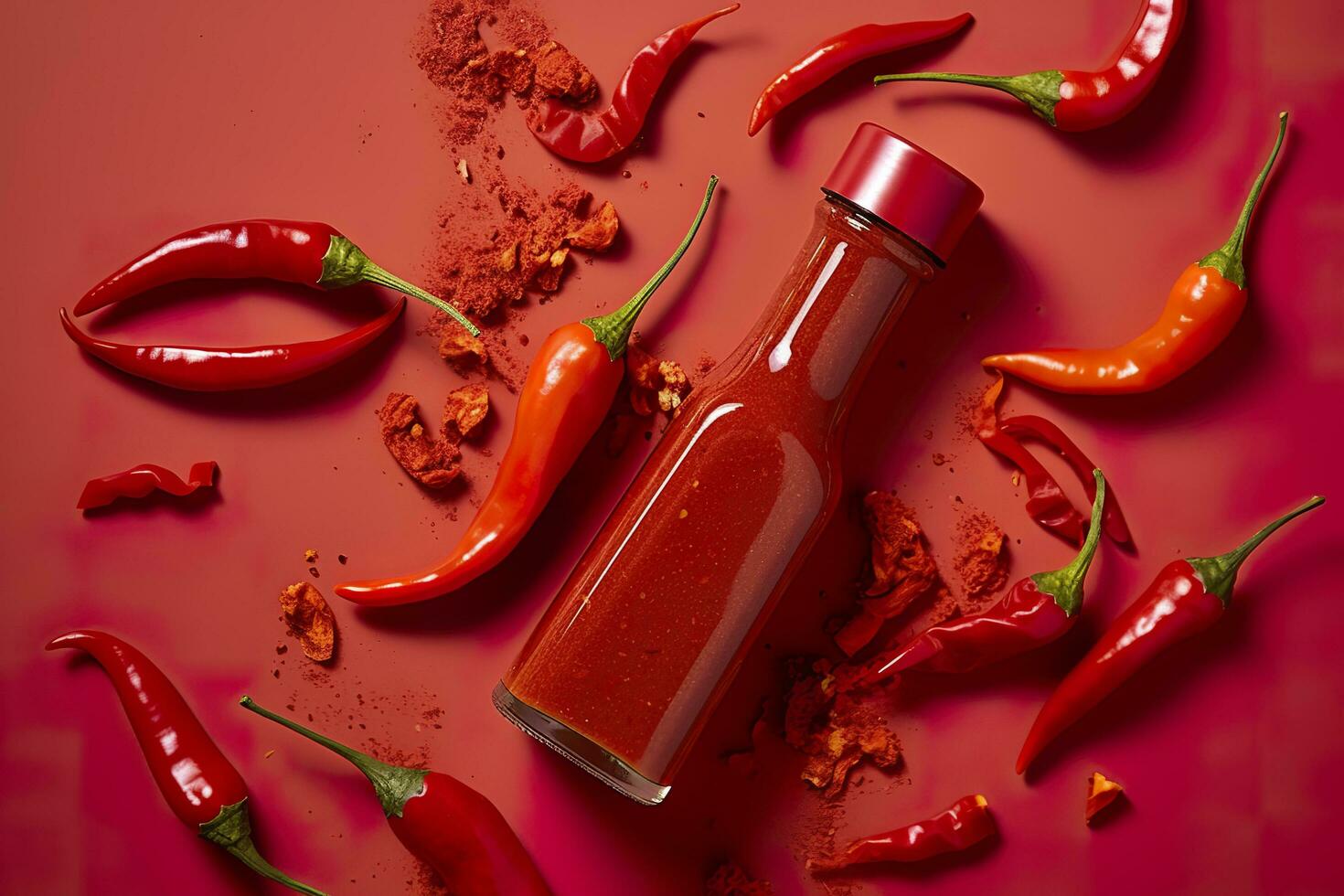 Tabasco hot pepper sauce with red chili pepper, flat lay. Generative AI photo