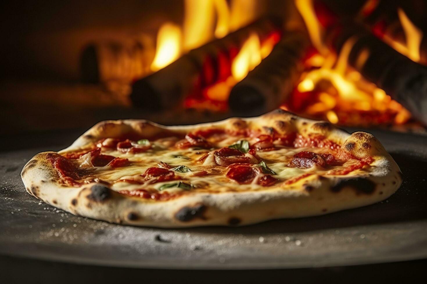 Freshly baked pizza closeup, traditional wood fired oven background. AI Generated photo