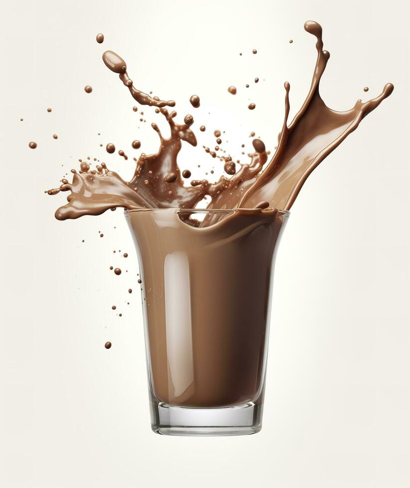 Glass with splashing cocoa, Chocolate Pouring, and splash. 3d illustration.  AI Generated photo