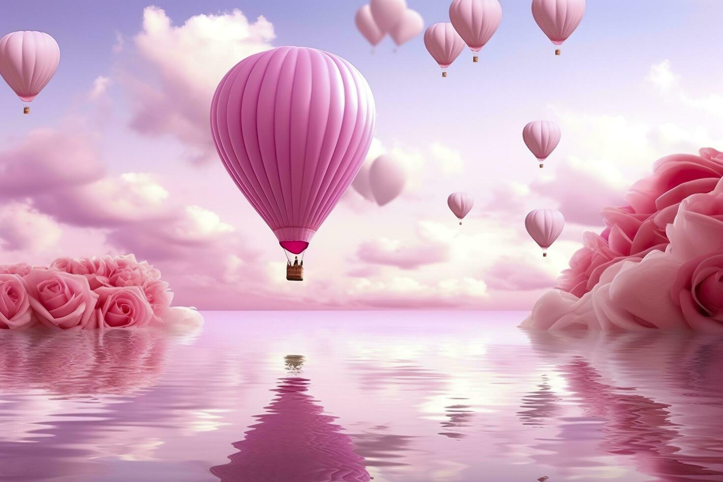 Bright pink ethereal cloudy landscape, hearts, roses, balloons, and wedding concept. Generative AI photo