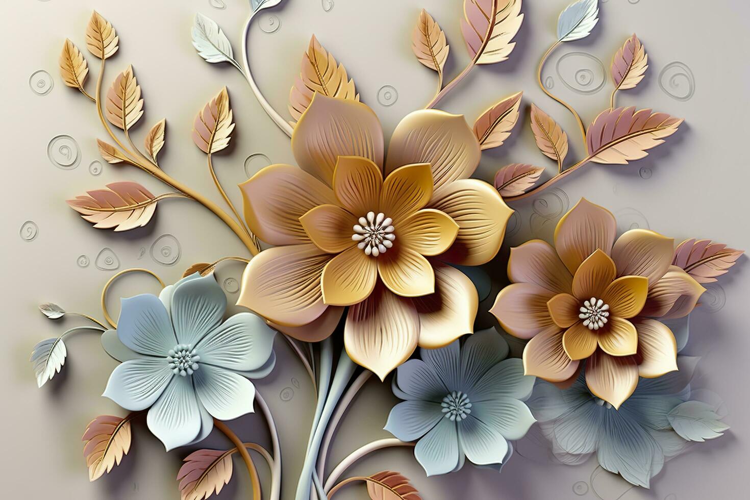 Elegant colorful 3d flowers with leaves on a tree illustration background. Generative AI photo