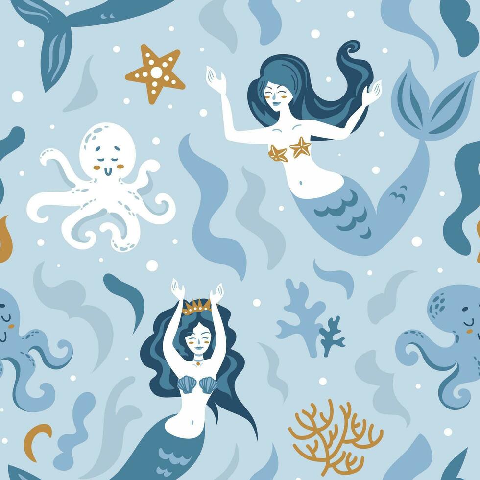 sirena y pulpos, corales y algas. océano, cuento de hadas criaturas, fondo del mar. dibujos animados niño personaje en plano estilo. marina vida. sin costura modelo para guardería, fondo de pantalla, tela, envase, antecedentes vector