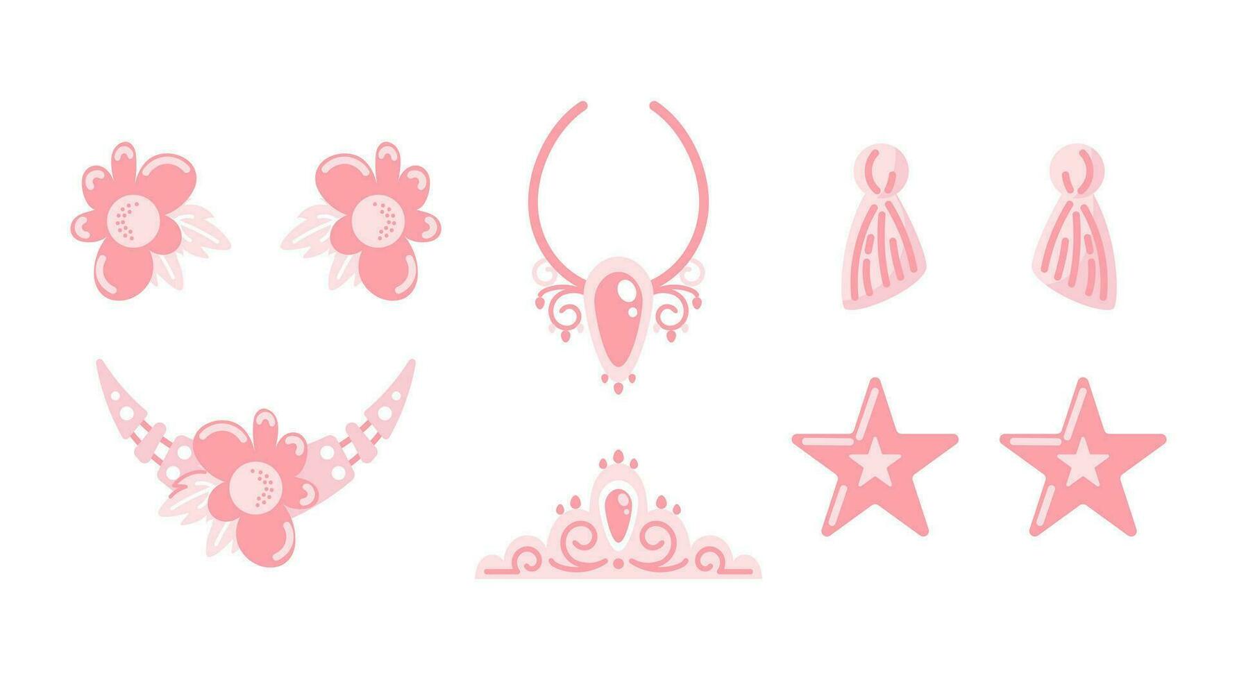 un conjunto de rosado el plastico accesorios para un muñeca. estrella pendientes, borlas y flores, collares, diadema o tiara. para pegatinas, carteles, postales, diseño elementos vector