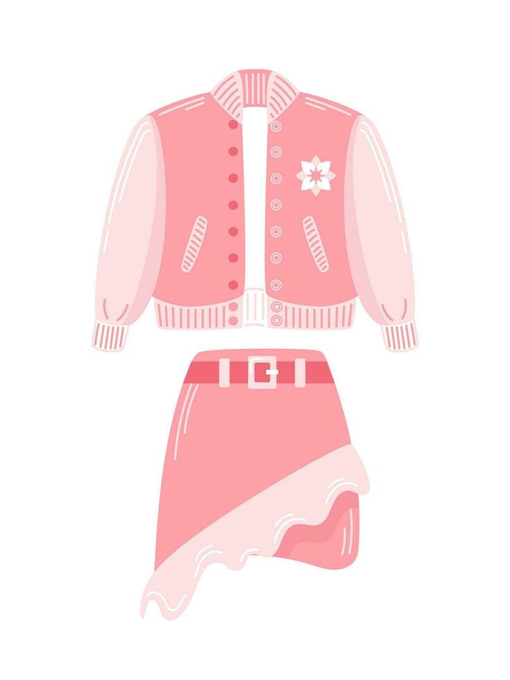 Pink bomber jacket for a doll. Asymmetrical skirt with frill. Floral print. Vector illustration in flat style. y2k fashion. For stickers, posters, postcards, design elements