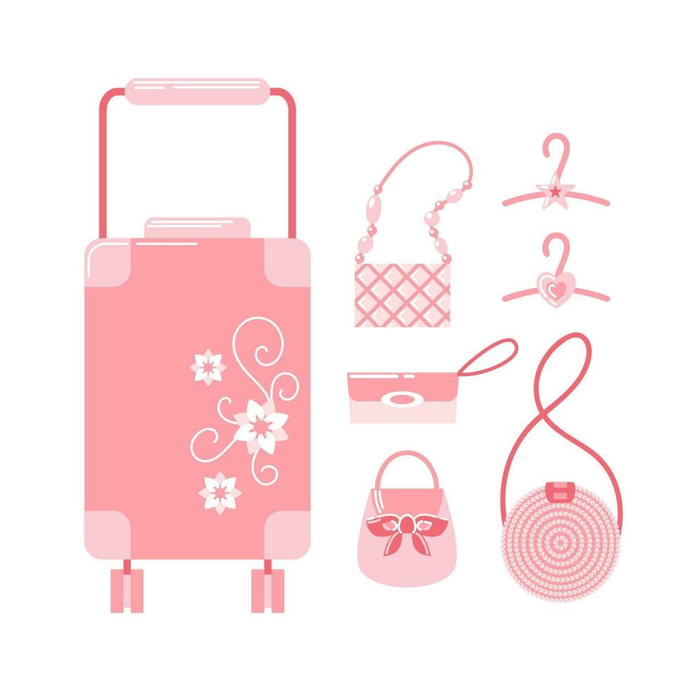 A set of various ladies handbags. Clutch, eco-friendly wicker knitted round jute bag. Travel suitcase on wheels with floral print. Pink set of items for a doll. Hangers for dresses vector