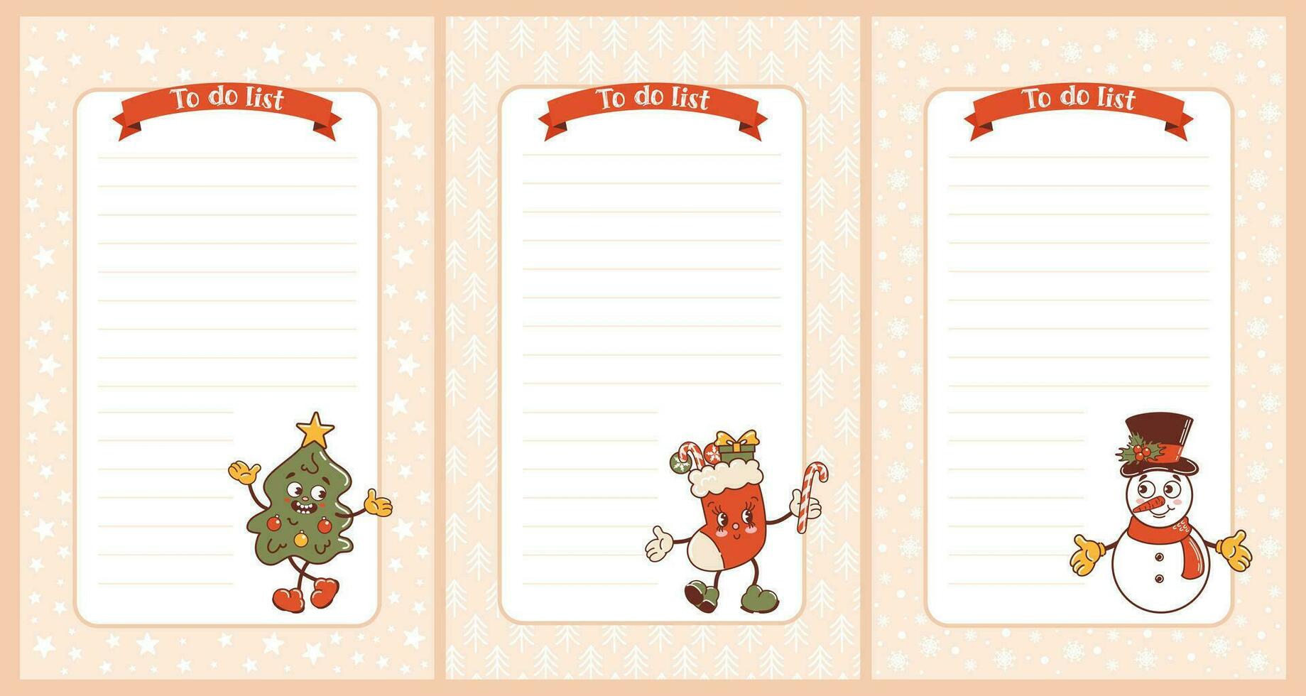 Set of Christmas templates. To-do list. Cute old retro cartoon style characters. Snowman, spruce, Christmas stocking. Notebook, weekly or daily planner for kids. vector