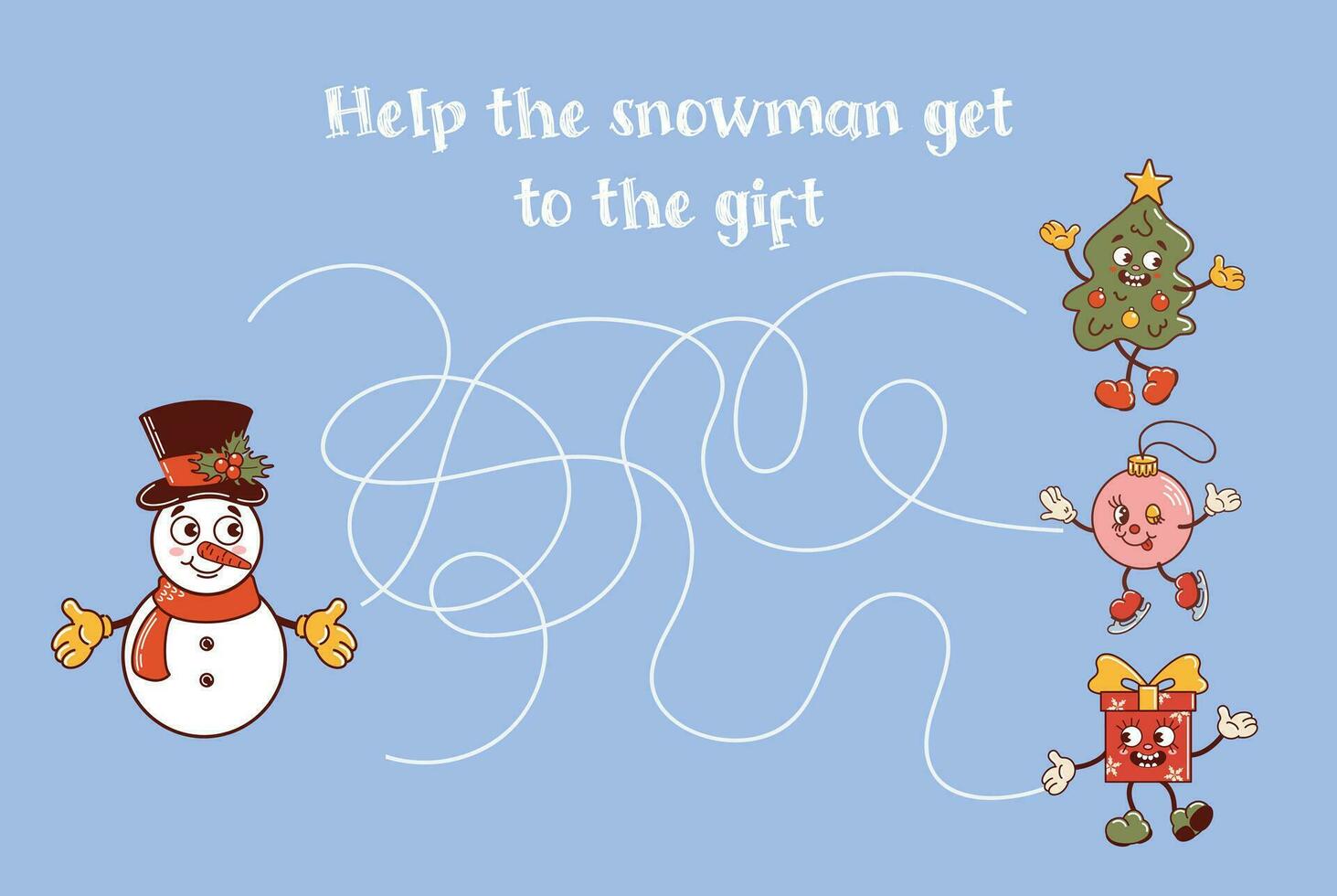 Childrens educational Christmas game. Help Snowman find a gift. Christmas tree dancing, ball is skating. Cute old retro cartoon style characters. games, magazines, book, applications education. vector