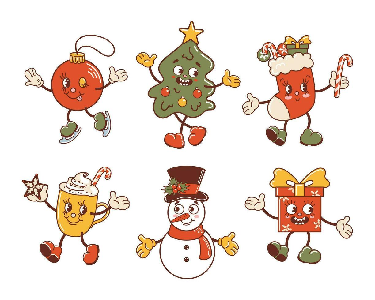 Snowman, Christmas tree and stocking, gift and hot chocolate mug, ball is skating. Cute old retro cartoon style characters dancing. For stickers, posters, postcards, design elements. vector