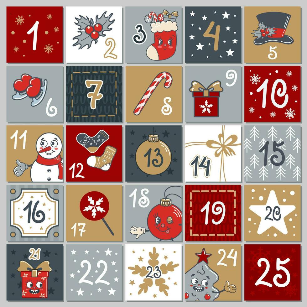 Cute advent calendar. 25 windows, numbers. Snowman, Christmas gift, hot