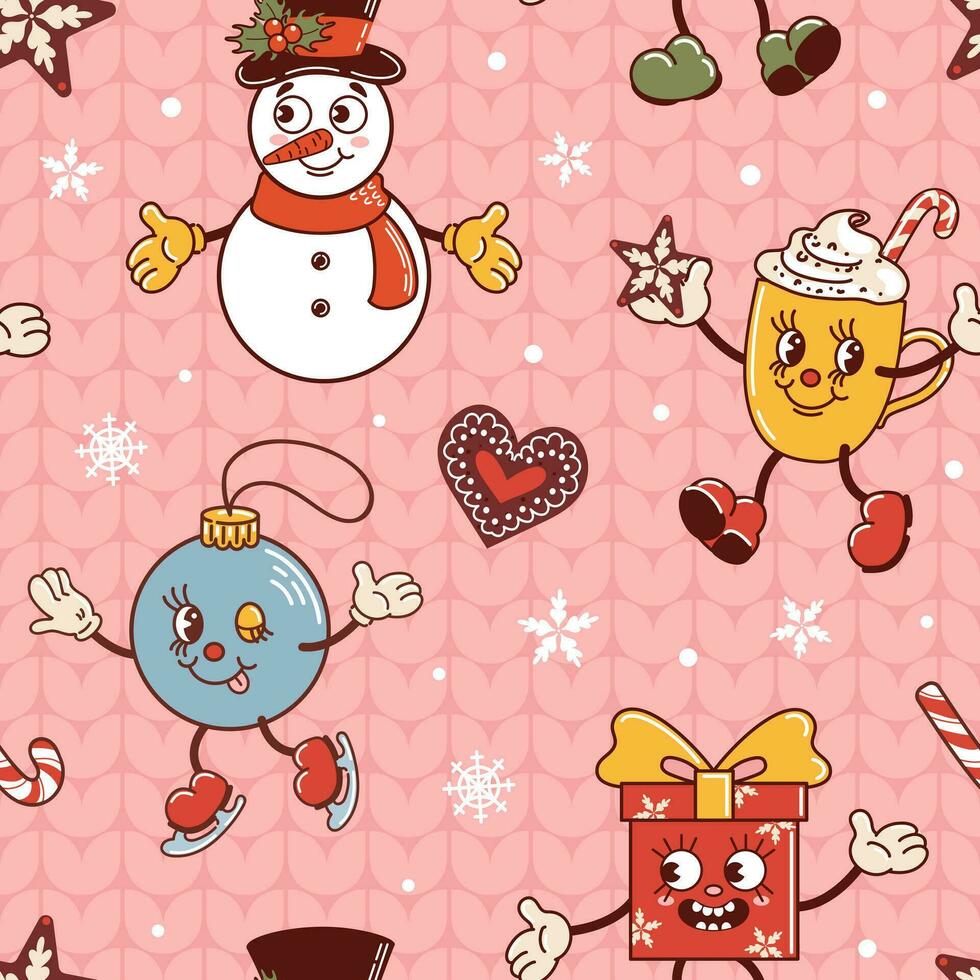 Snowman, gift and hot chocolate mug dancing, ball is skating. Cute old retro cartoon style characters. Knitted ugly sweater. Seamless pattern for wallpaper, fabric, wrapping, background. vector