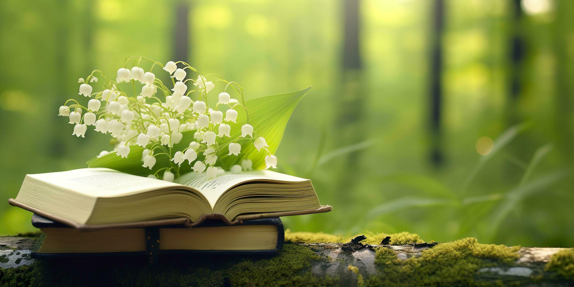 Lily of the Valley flowers and old books in the forest, green natural background. AI Generated photo