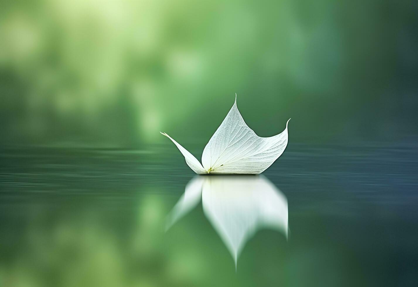 White transparent leaf on mirror surface with reflection on green background macro. Generative AI photo