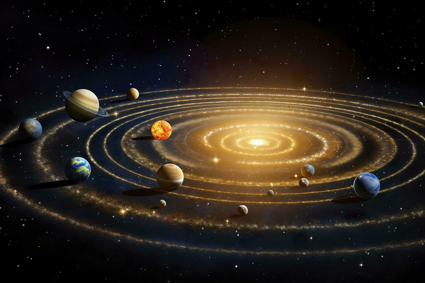 Our 3d Solar system with planets in orbits path. AI Generative photo