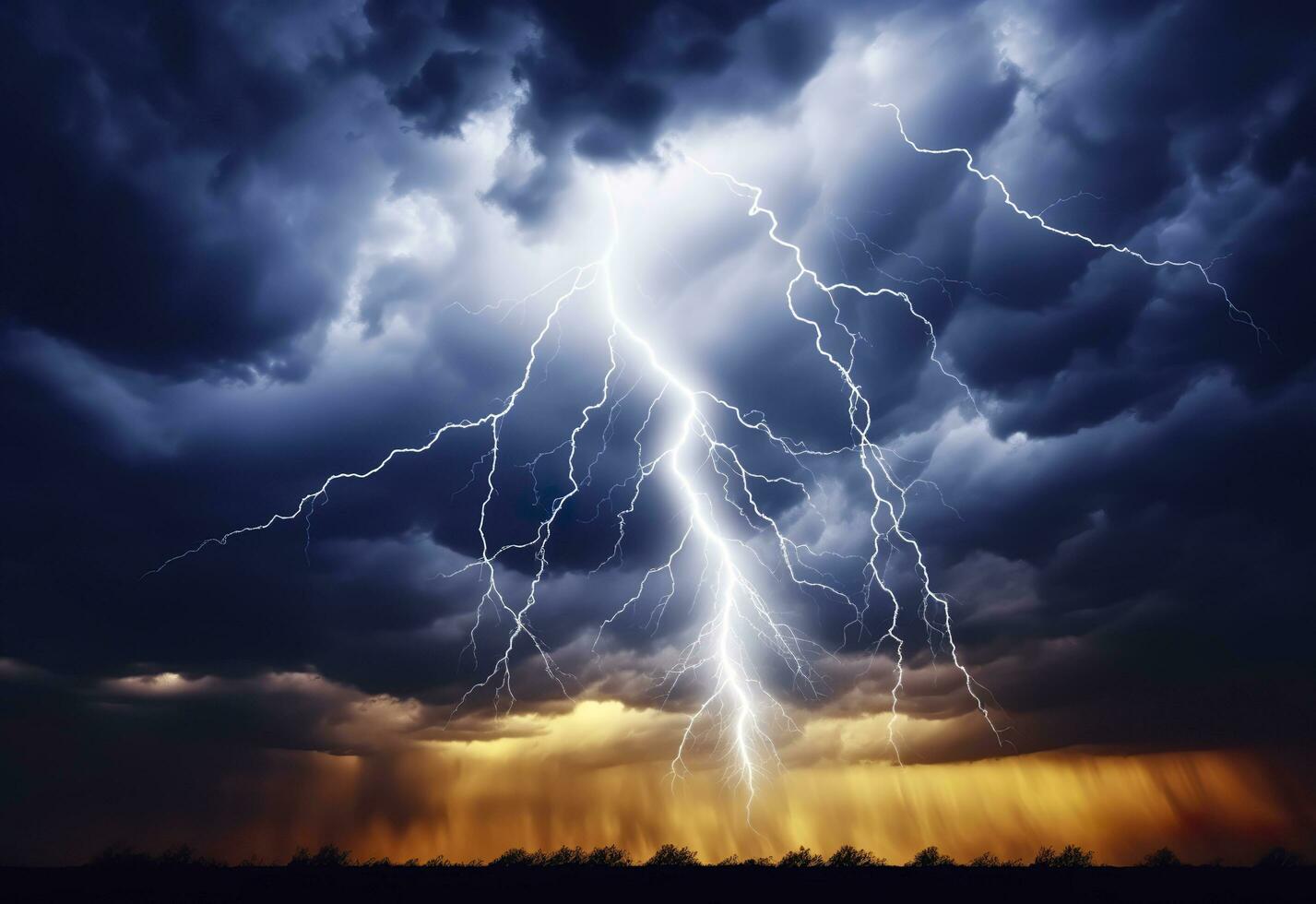 Lightning strikes on a cloudy dramatic stormy sky. AI Generated photo