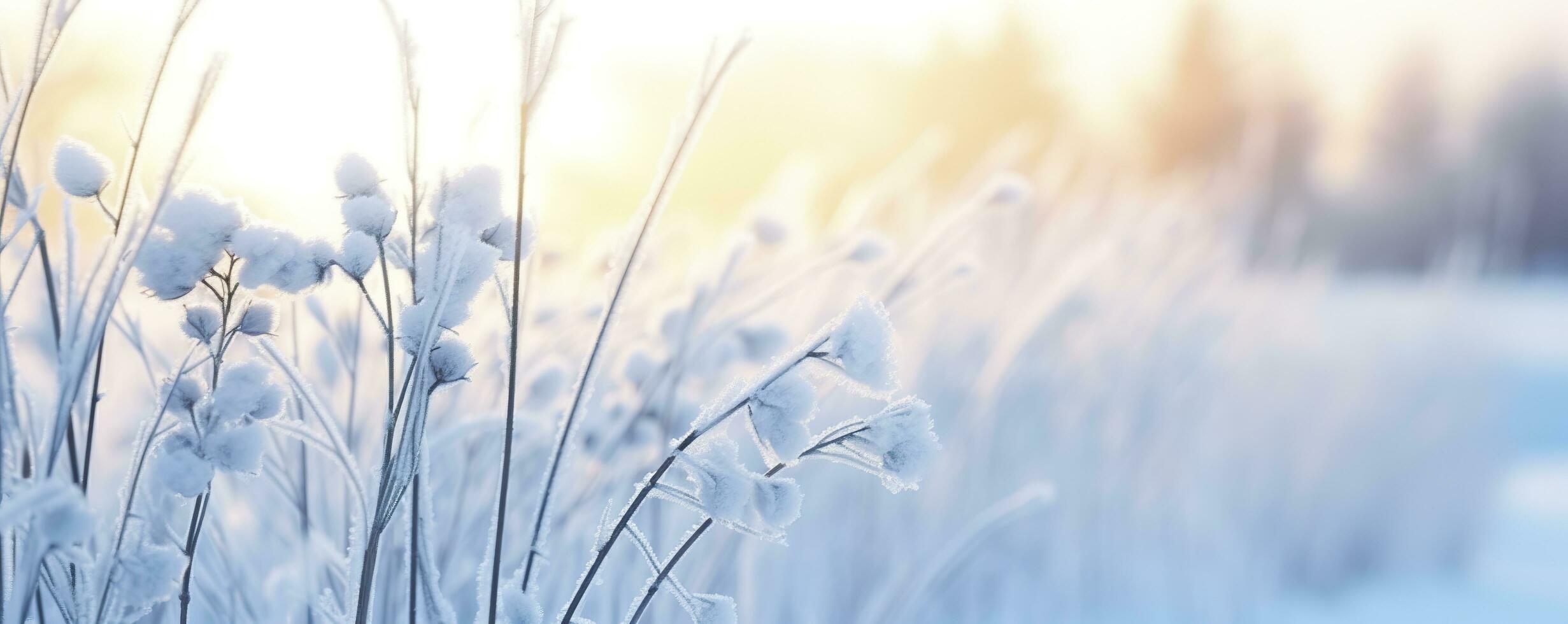 Frozen snowy grass, winter natural abstract background. beautiful winter landscape. AI Generated photo