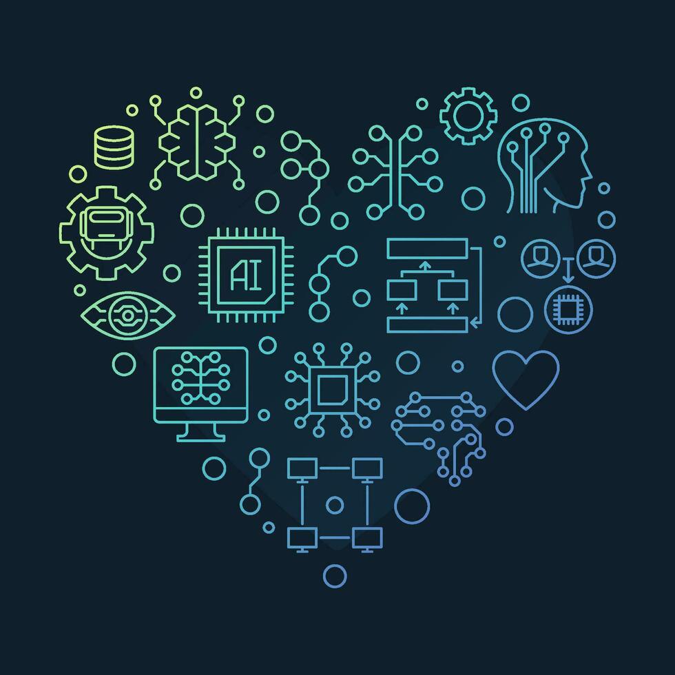 AI Artificial Intelligence Technology concept heart shaped thin line colored banner vector